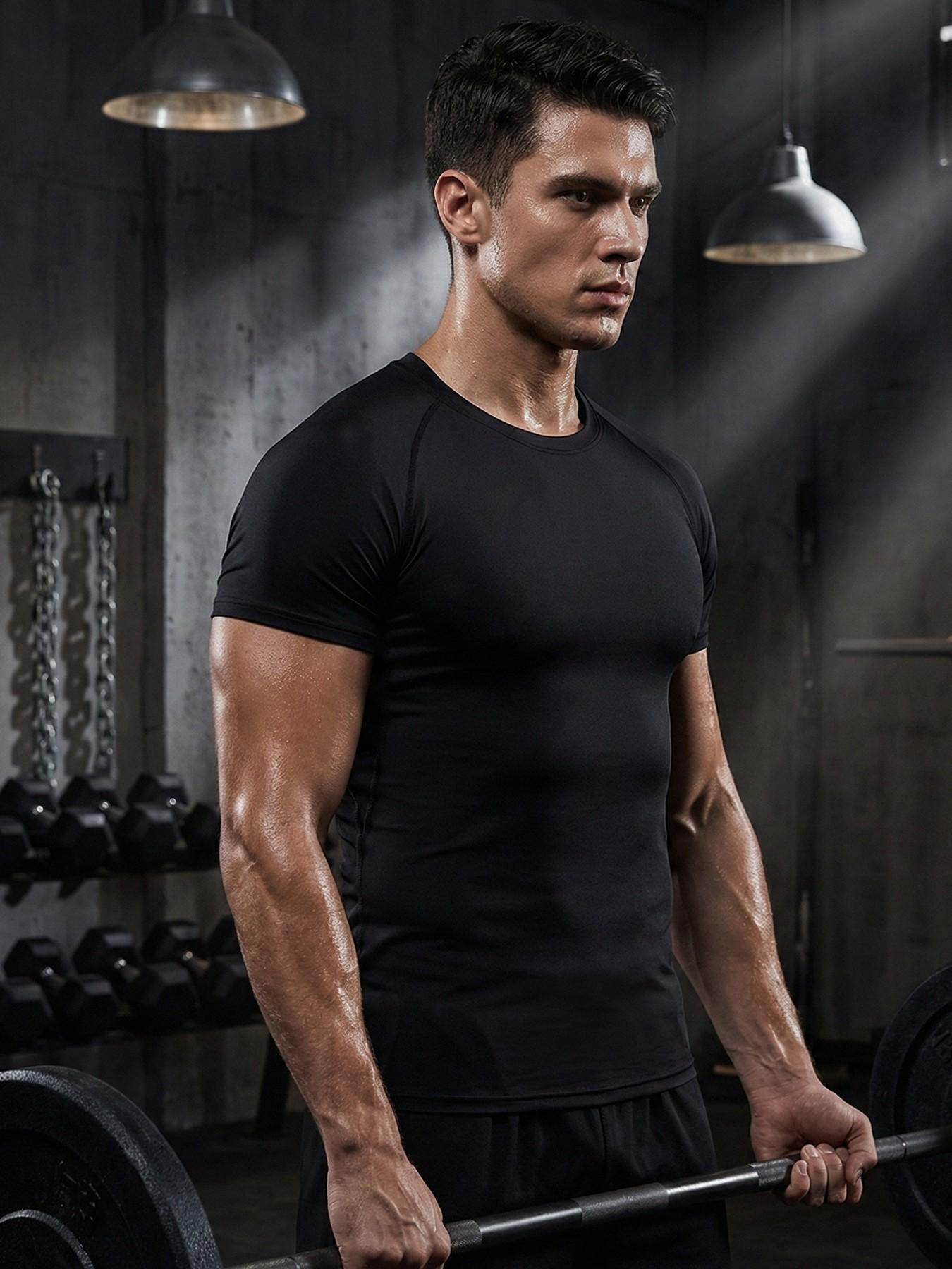 Men's Round Neck Sports Tee, Summer Clothes Tight Athletic Compression Shirts Quick Drying Breathable Crew Neck Short Sleeve T-shirt for Gym Workout Running, Casual Sporty Top