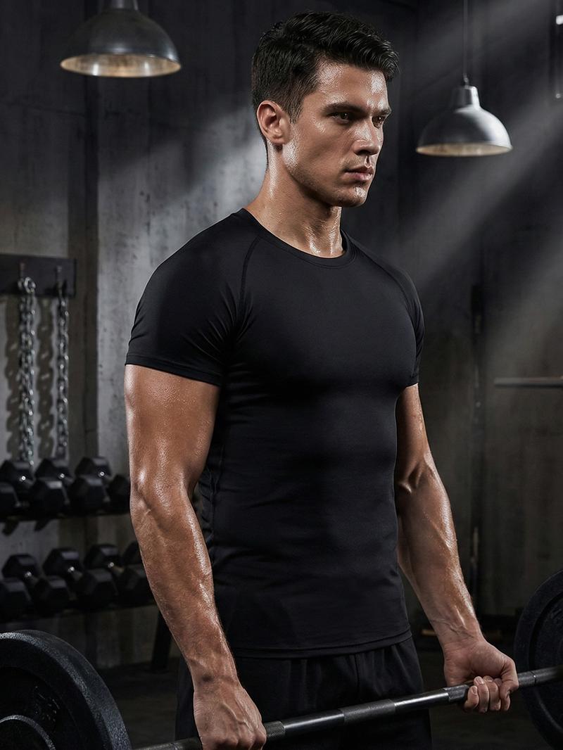 Men's Round Neck Sports Tee, Summer Clothes Tight Athletic Compression Shirts Quick Drying Breathable Crew Neck Short Sleeve T-shirt for Gym Workout Running, Casual Sporty Top
