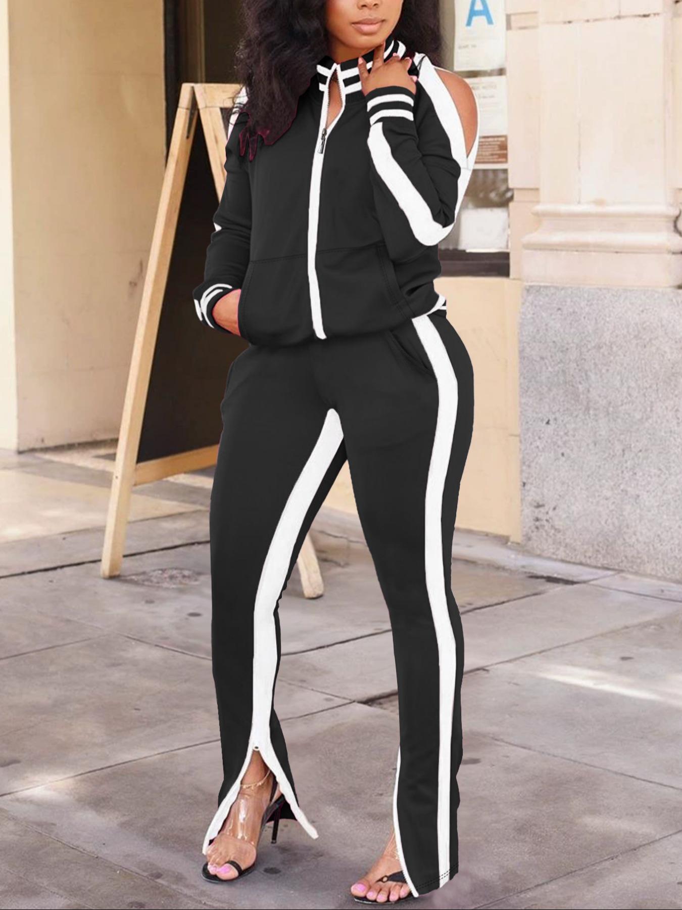 Women's Autumn Winter 2-Piece Set, Striped Bright Color, Casual Entertainment Party Wear, Stylish Ladies Clothing Collection, Clothing Sets