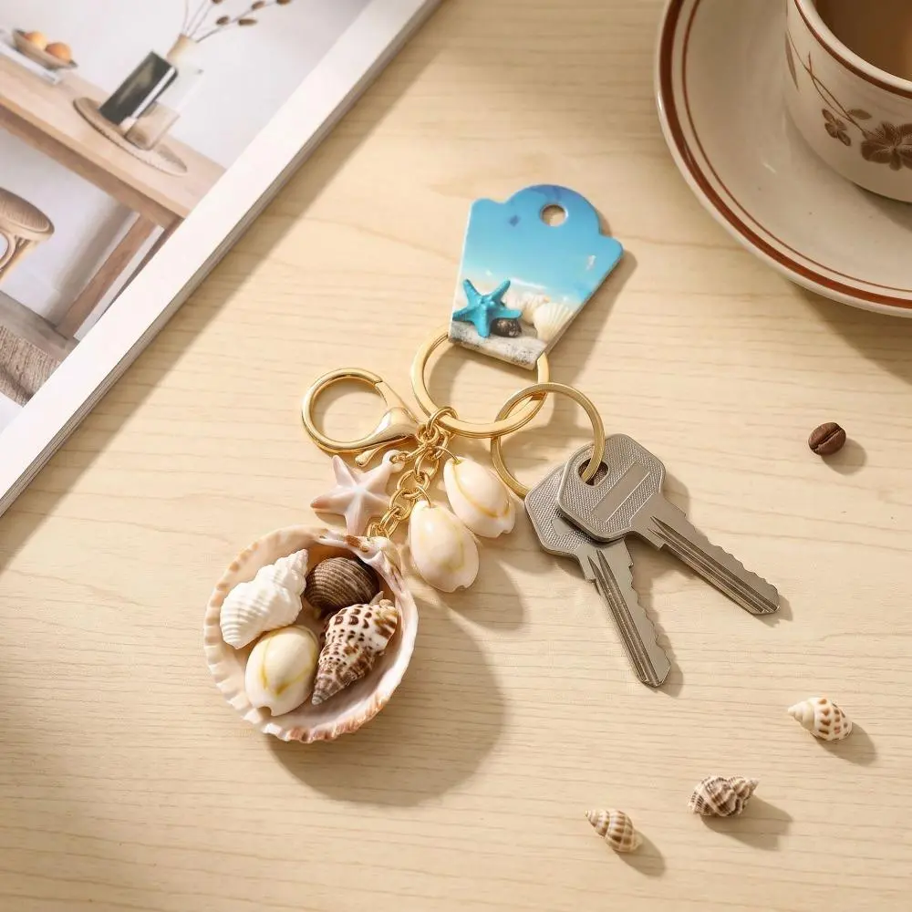 5PCS Seashell Starfish Keychain, Beach‑Style Conch Shell Pendant Key Ring, Multi‑Style Ocean‑Themed Bag Charm Accessory for Keys Backpack Handbag Decoration