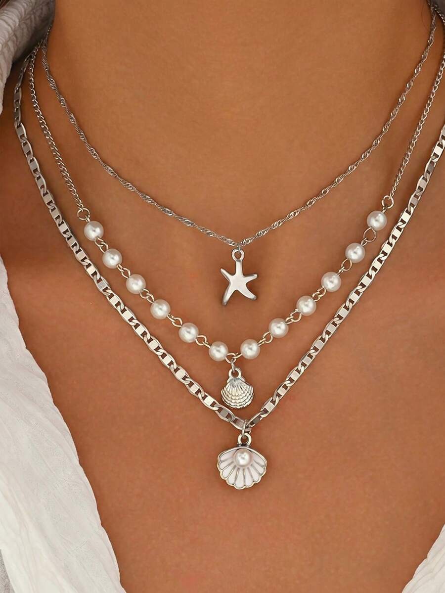 3pcs Summer Bohemian Style Multi-Color Faux Pearl Multi-Layer Necklace Set With Shell Pendant, Suitable For Beach, Travel, Daily Decoration, Outfit Matching, Dating, Party, Holiday Gift For Women