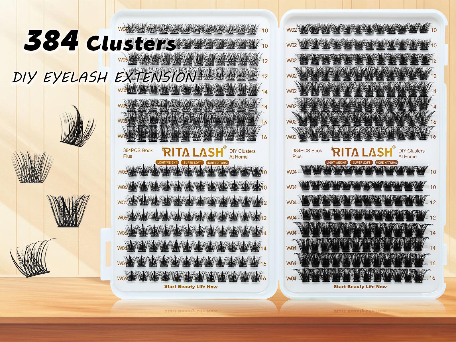 RITALASH 384PCS 4 style Cluster Lashes book Individual Lashes Clusters Eyelash Extensions False Eyelashes DIY False Lash Extension Kit Reusable False Eyelashes Natural Look Mix 10-16mm Makeup