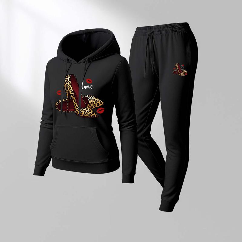Women's Leopard Print Love High Heels Hoodie And Drawstring Track Pants Set, Casual Sportswear, Long-Sleeved Hooded Jacket And Pants, Suitable For Autumn And Winter, Everyday Wear, Indoor And Outdoor Sportswear, Casual Sportswear.