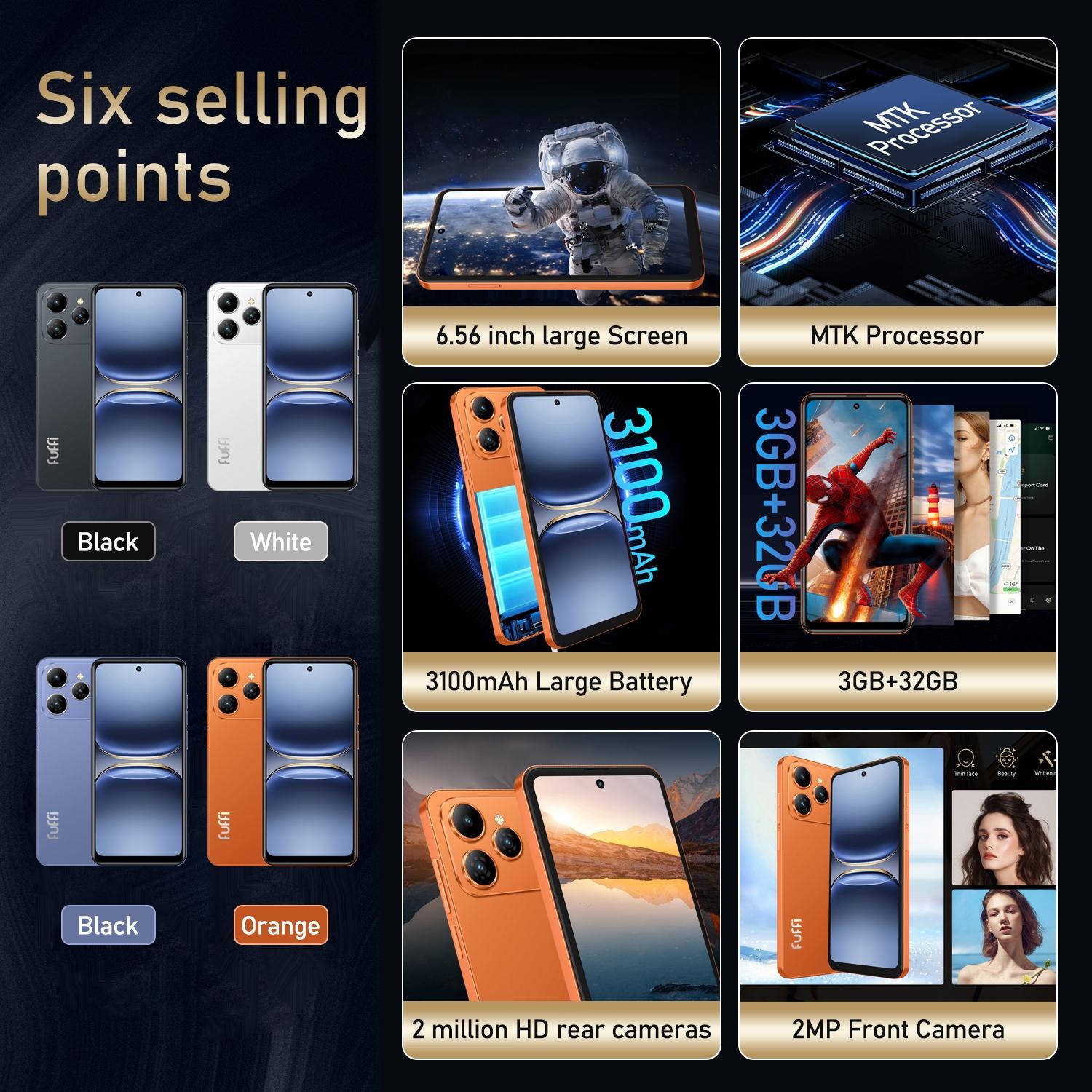 FUFFi M17 PRO Fashion Large Screen Smartphone, 6.56-Inch HD Screen, 4G Network, 2MP+2MP Camera, 3GB RAM, 32GB ROM, 3100mAh Battery, Dual SIM Dual Standby, Android 10.0