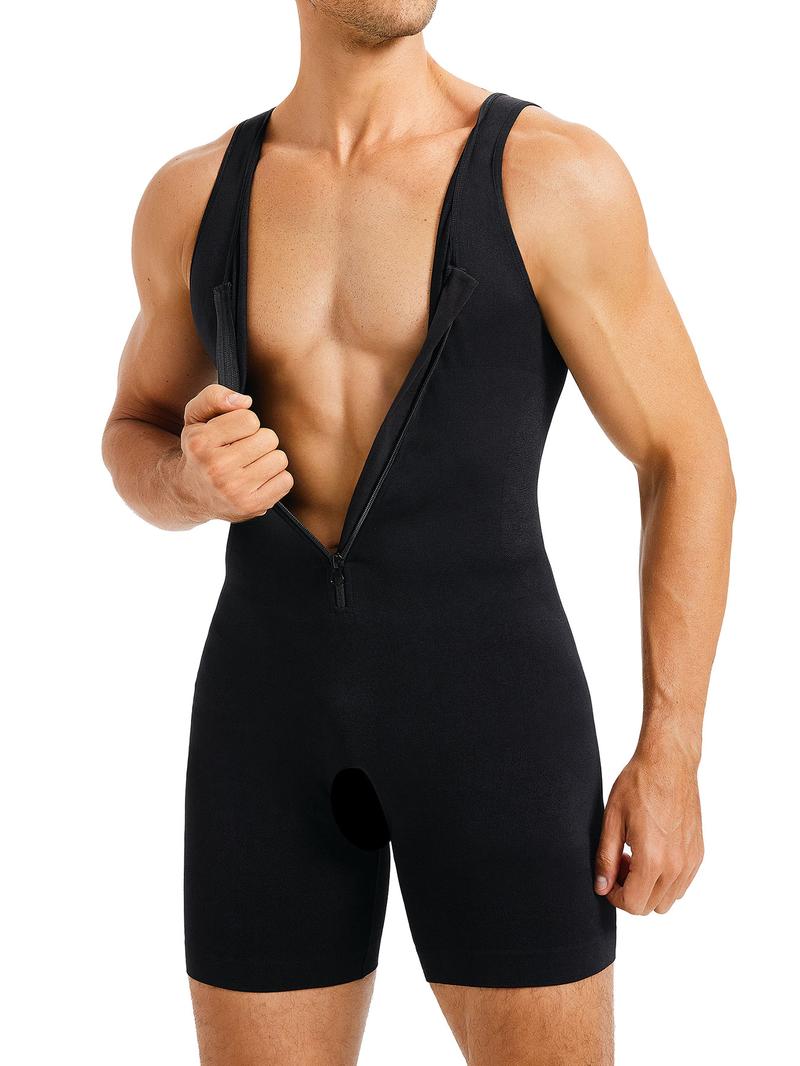 Men's Solid Zipper Bodysuit, Adjustable Zipper Shapewear, High Stretch Tummy Control Shapewear for Men, Compression Shirts Full Body Shapewear for Men