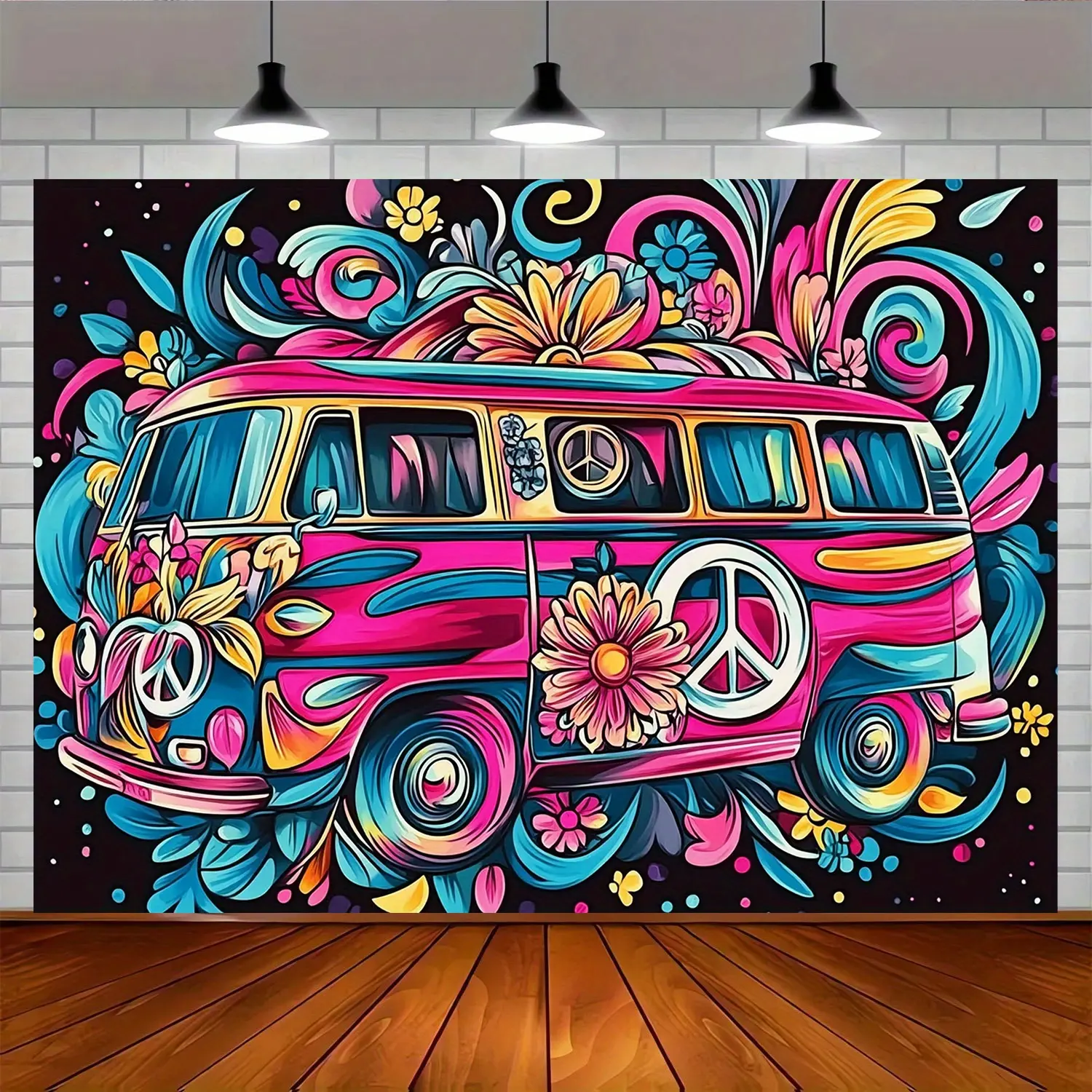 Hippie Van Backdrop Featuring Retro Psychedelic Floral Peace Symbols Made from Durable Polyester Fabric, Perfect for Photo Booths, Birthday Celebrations, Home Wall Decoration, Themed Events