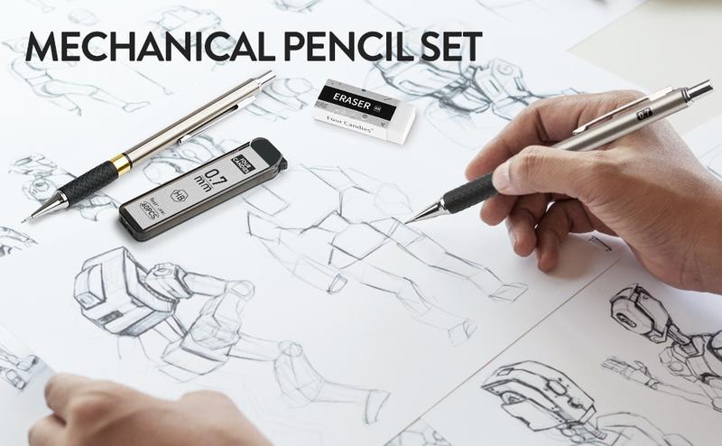 Metal Mechanical Pencil Set, Four Colors, 3 Pieces, Artistic Mechanical Pencils, 360 HB Lead Refills, 3 Erasers, 9 Extra Eraser Replacements, Drawing Mechanical Pencils, Suitable for Writing and Sketching, Includes Storage Case
