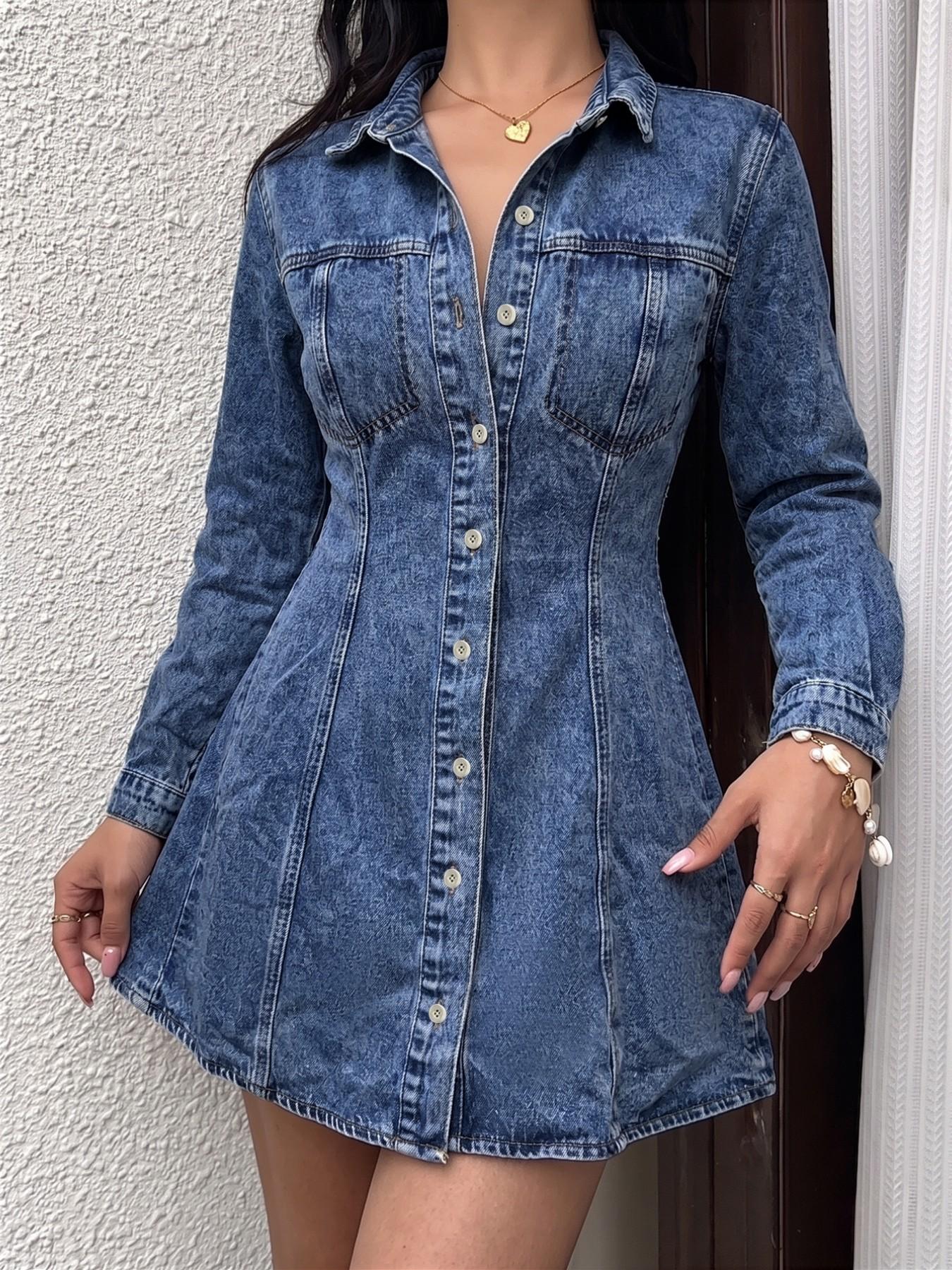 Women's 1 Piece Button Down Collared Denim Shirt Dress, Button Up Dress, Long Sleeve A-Line Mini Dress, Casual Summer Y2K Streetwear for Daily Wear, Beach, Party