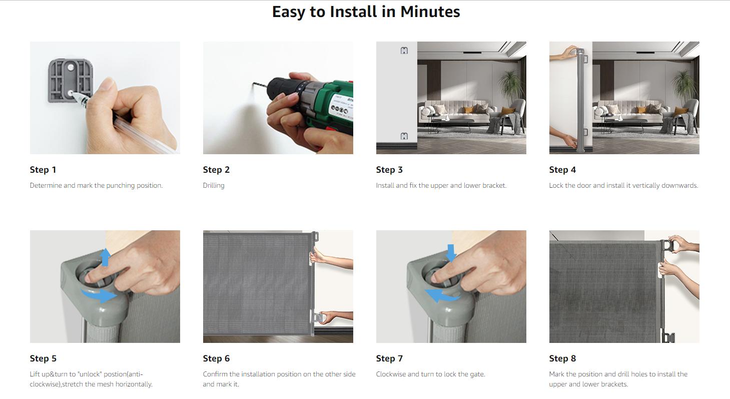 Dearlomum Retractable Baby Gate 33" Tall Extends up to 55" 71" 118" 168" 197" Wide Child Safety Gate for Doorways Stairs Hallways Indoor Outdoor Infant Mesh Dog Gate