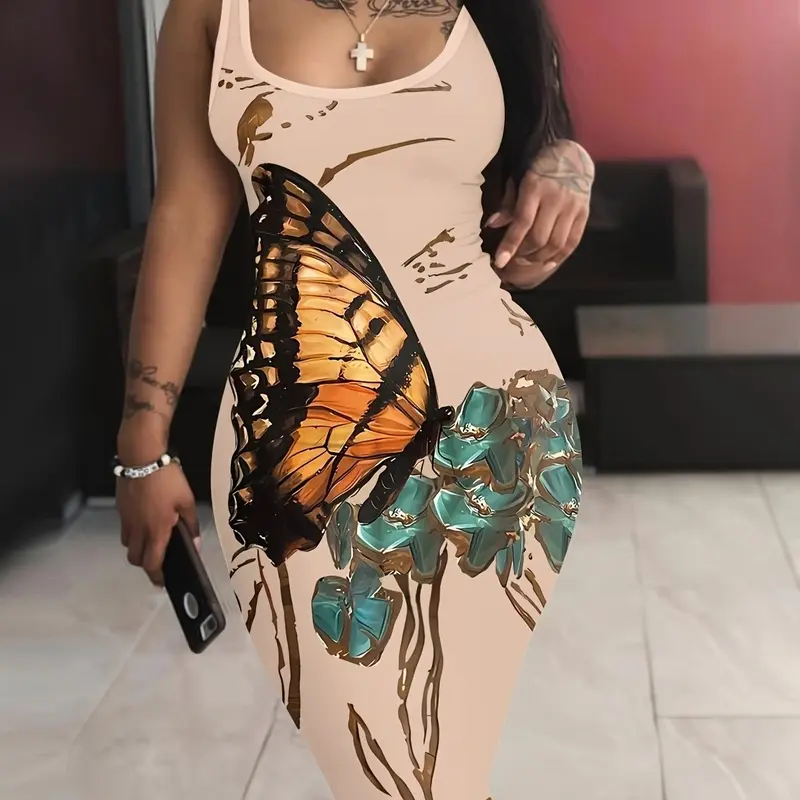 Women's Butterfly Element Casual Vest Dress, Spring & Summer Fashion, Sleeveless U Neck Design, Short Length, Perfect for Daily Wear, Elegant Fitted Bodycon Style Dress