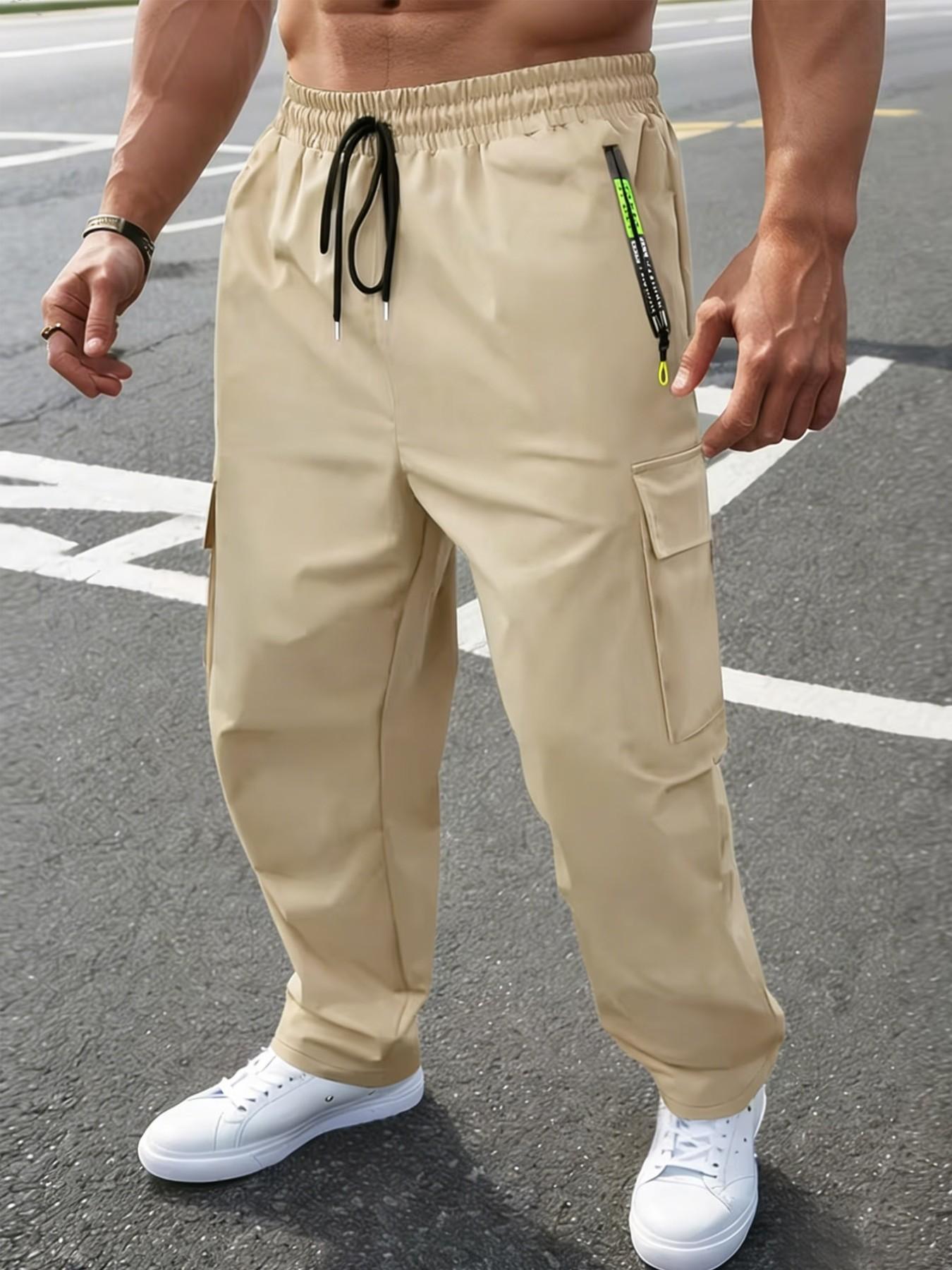 Men's Spring Summer Letter Zipper Pocket Cargo Pants, Fashion Large Patch Pockets, Drawstring Waist, Casual Outdoor Long Pants