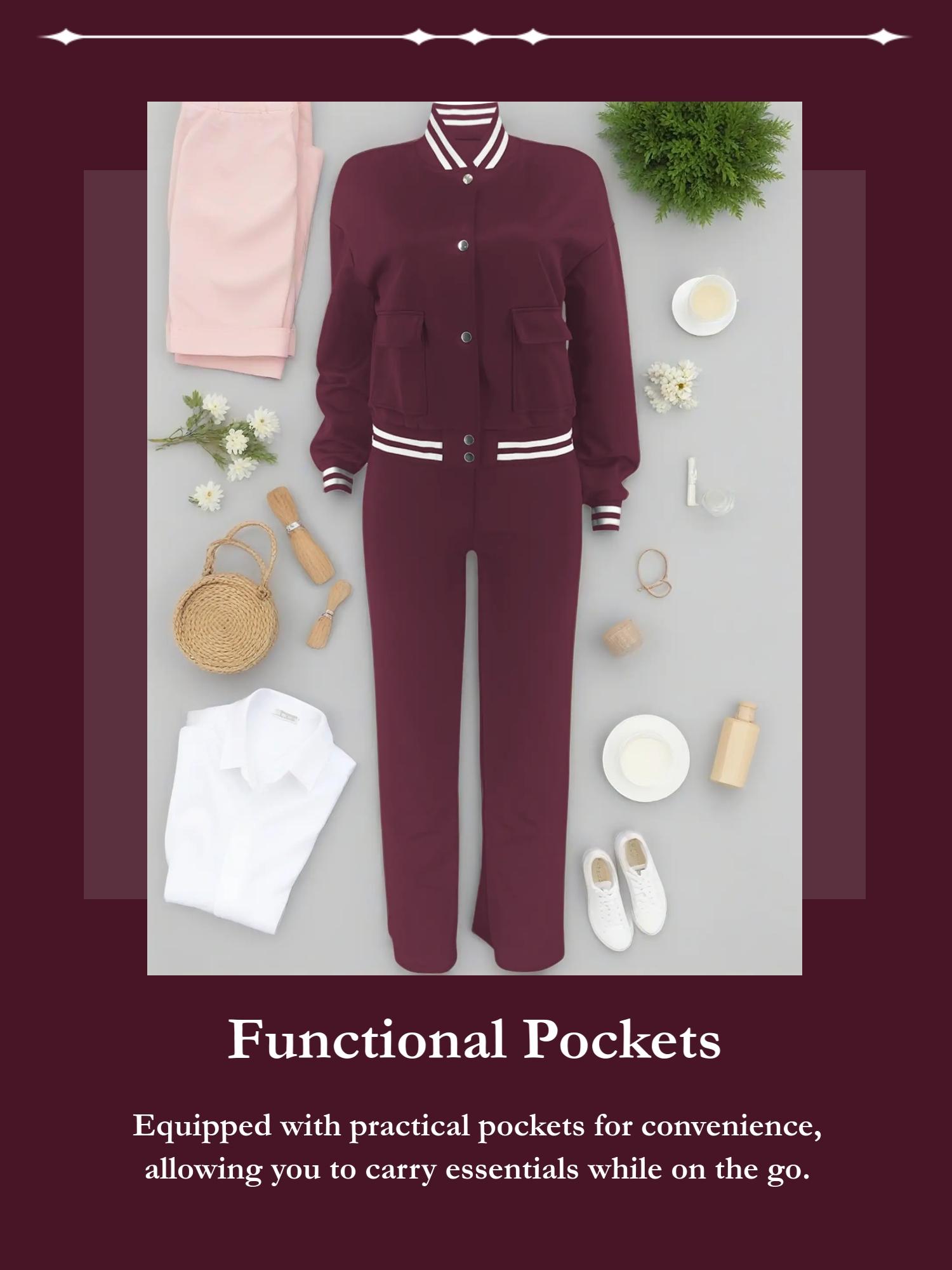 Women's Solid Color 2-Piece Athletic, Baseball Jacket & Pocket Pants, for Outdoor Camping Sportswear, Athleisure Wear Set