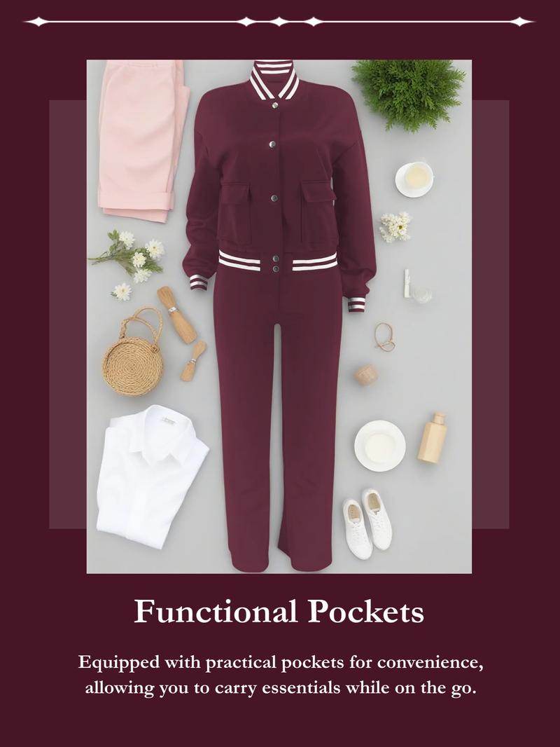 Women's Solid Color 2-Piece Athletic, Baseball Jacket & Pocket Pants, for Outdoor Camping Sportswear, Athleisure Wear Set