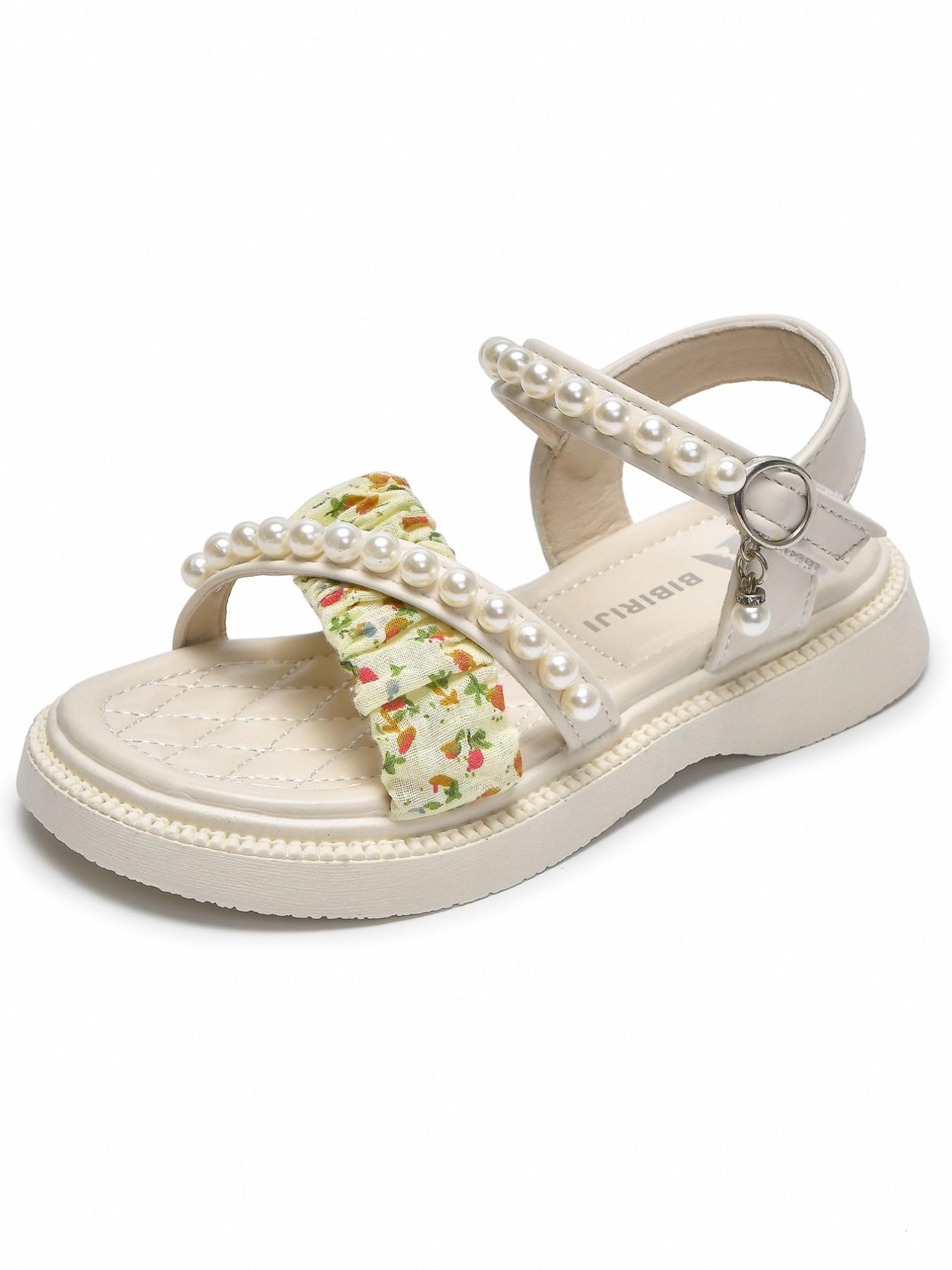 Girls' Pearl Open-Toe Sandals, Elegant Floral Design, Breathable Soft Sole, Magic Tape Closure, Comfortable PU Leather, Ages 3-12