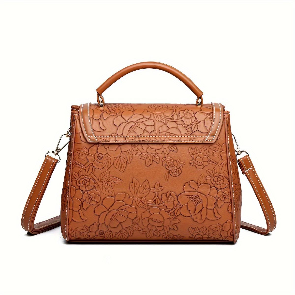 Ladies' Elegant Flower Embossed Handbag - Brown/Red/Black