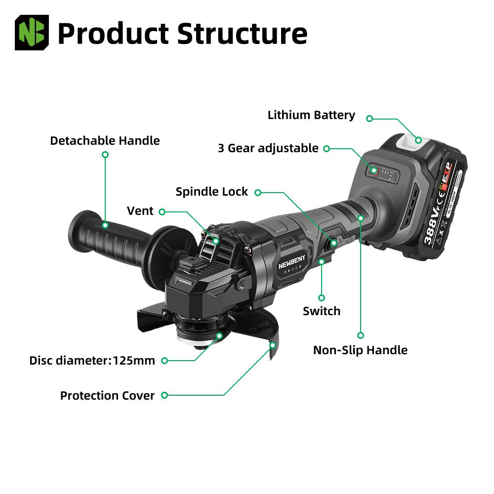 NEWBENY 125mm Cordless Electric Angle Grinder 3 Gears Brushless Grinding Cutting Woodworking Power Tool For Heavy Duty & Industrial NEWBENY 125mm Cordless Electric Angle Grinder 3 Gears Brushless Grinding Cutting Woodworking Power Tool For Heavy Duty & Industrial