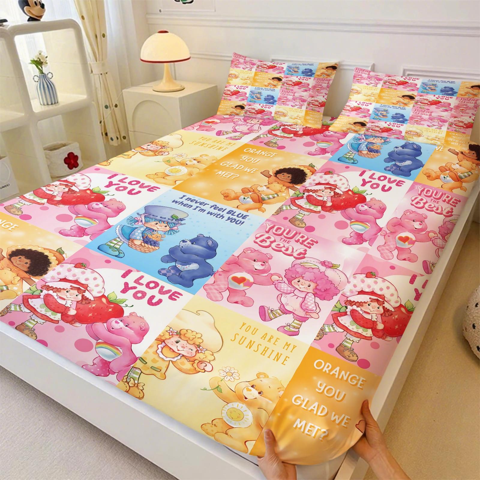 Q Version Strawberry Sweetheart Cartoon Fitted Sheet Set & 2 Pillowcases No Core, Wavy Stripe Design Paired with Cute Cartoon Characters, Soft Anti-Slip Wrinkle-Resistant, Girls' Bedroom Decor, Gift Choice