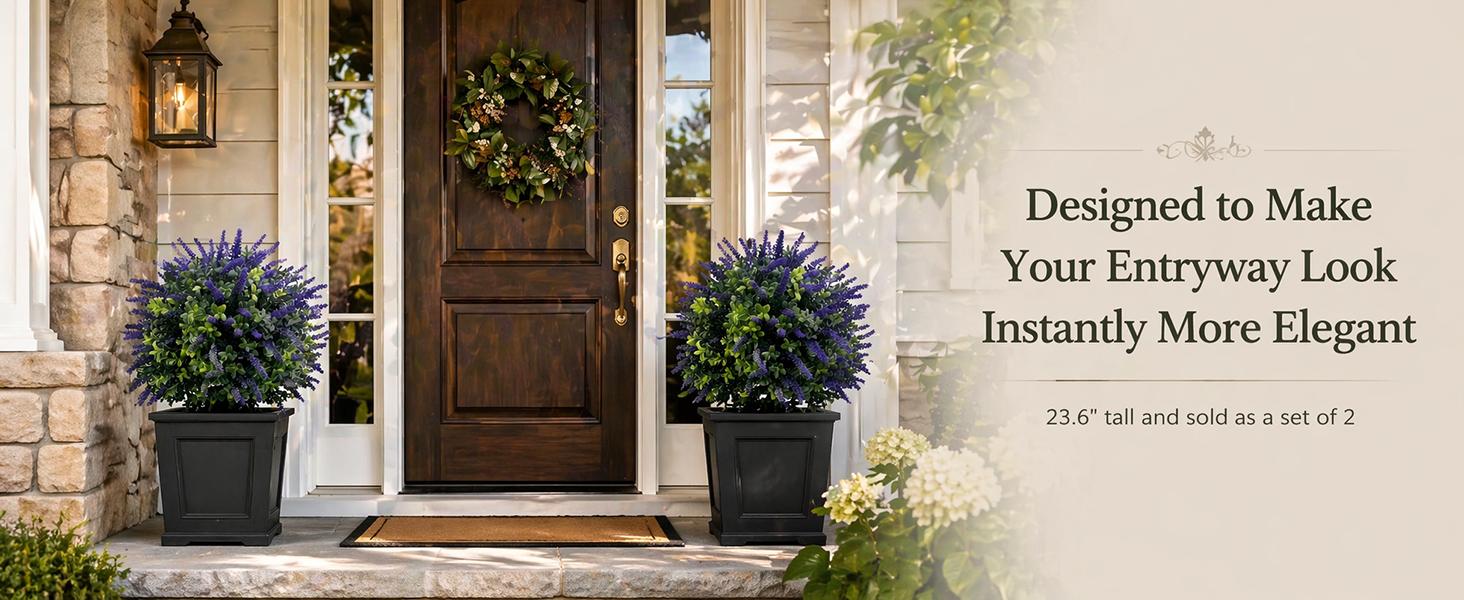 Artificial Topiary and Boxwood Topiary Set of 2 - 23.6" H x 17.7" W UV Resistant Faux Greenery Balls with 7.8" Ground Stakes, Planter Insert Urn Filler for Front Door, Porch, Entryway