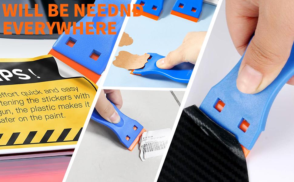 Plastic Razor Blade Scraper, 2PCS Scraper Tool, 100PCS Plastic Blades, for Cleaning Scraper Remover for Stickers, Decals, Adhesive, Labels, Paint from Glass, Car, Window, Caulk, No Scratches, Blue