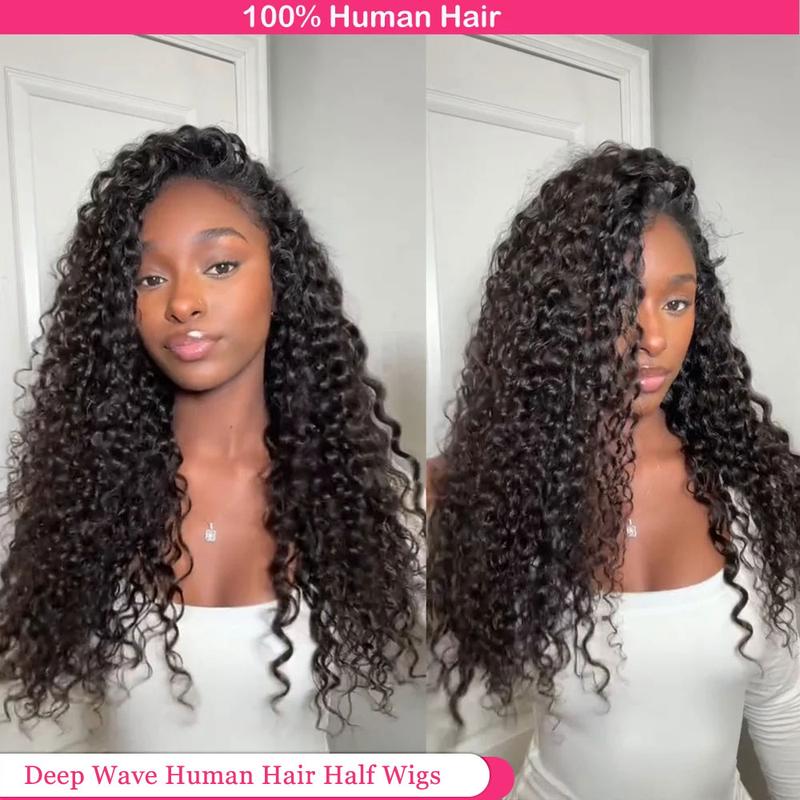 [3 in 1 Half Wig] Bling Hair Half Wig Human Hair 180% Density Glueless Wigs Human Hair Curly 3 In 1 Half Wigs for Black Women Drawstring Seamless Flip Wig Beginner Friendly FallFreshness
