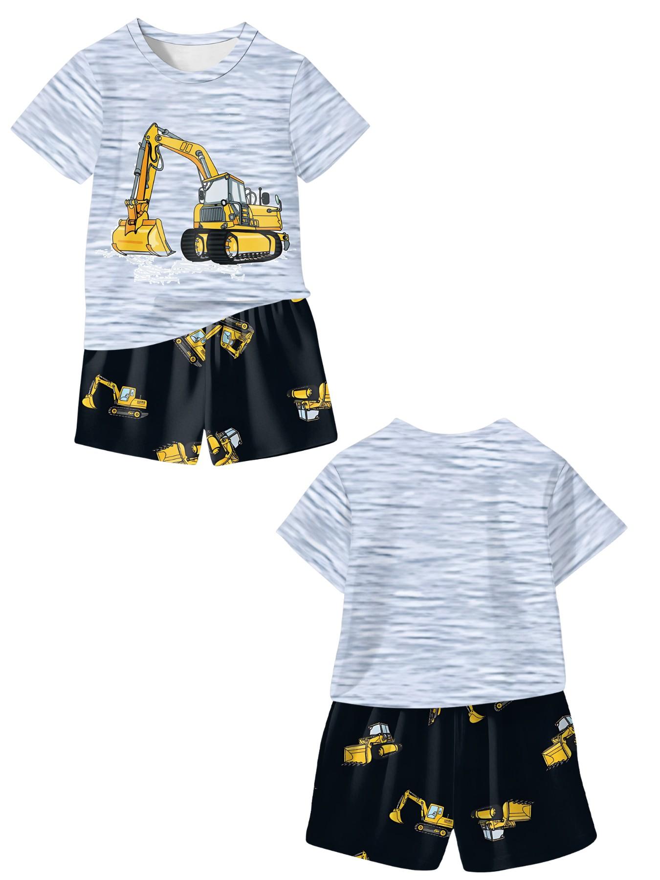 Vibrant Printed Infant Short-Sleeve Set for Little Engineering Vehicle Fans, Casual Kids' Clothing for Babies, T-Shirt Suitable for Daily and Outdoor Activities, 100% Polyester, a Perfect Gift for Infants!