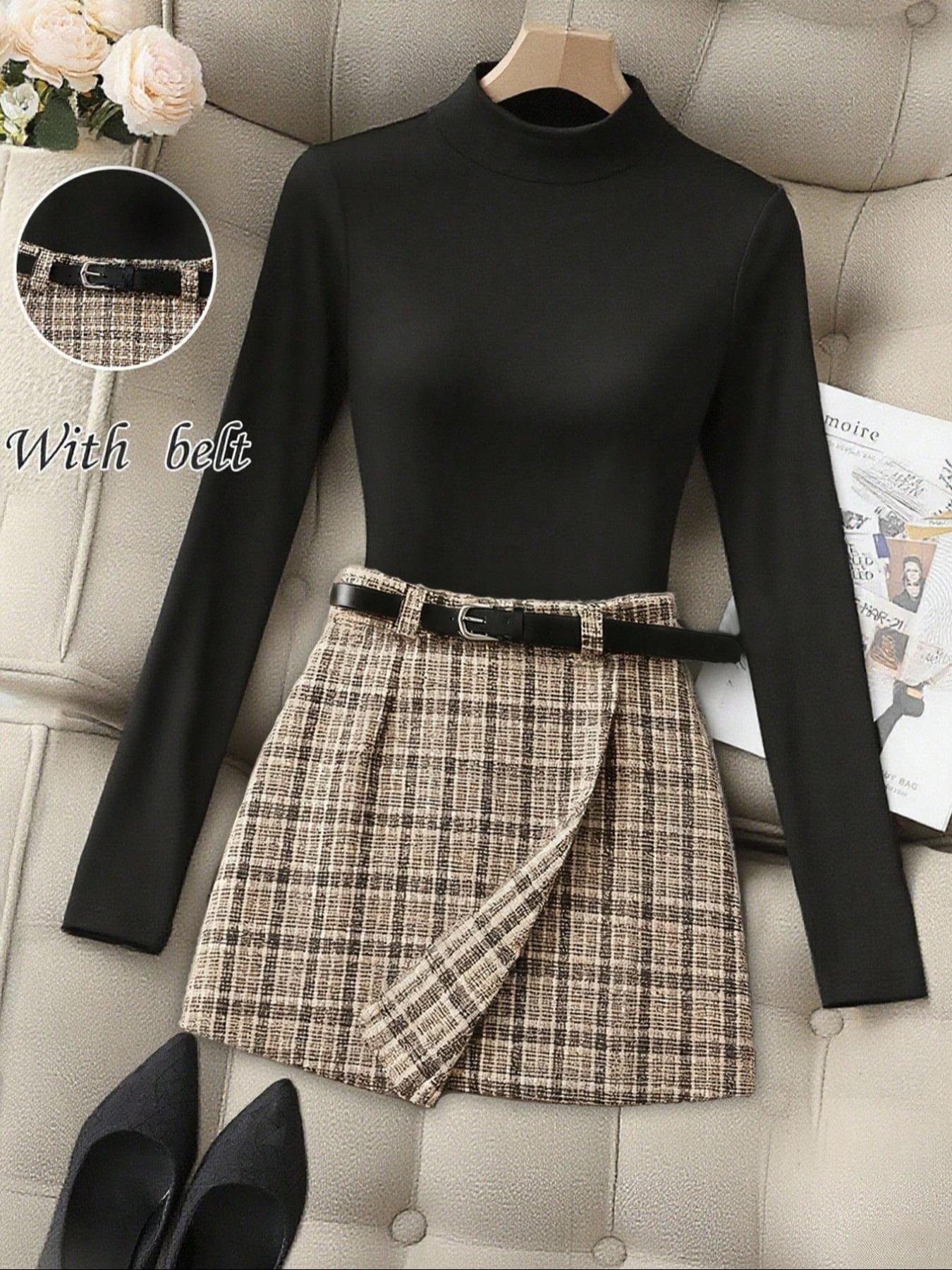 Elegant Women's Fall Knit High Stretch Long Sleeve Top, French Vintage Plaid Skirt Set with Waist Belt, Casual Commuter Two-Piece Suit