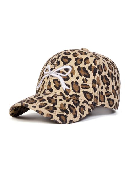 Unisex Leopard Print Baseball Cap with Bow Embroidery, Adjustable Fitted Sun Hat for Outdoor Travel Beach Vacation All Seasons Animal Print Snapback