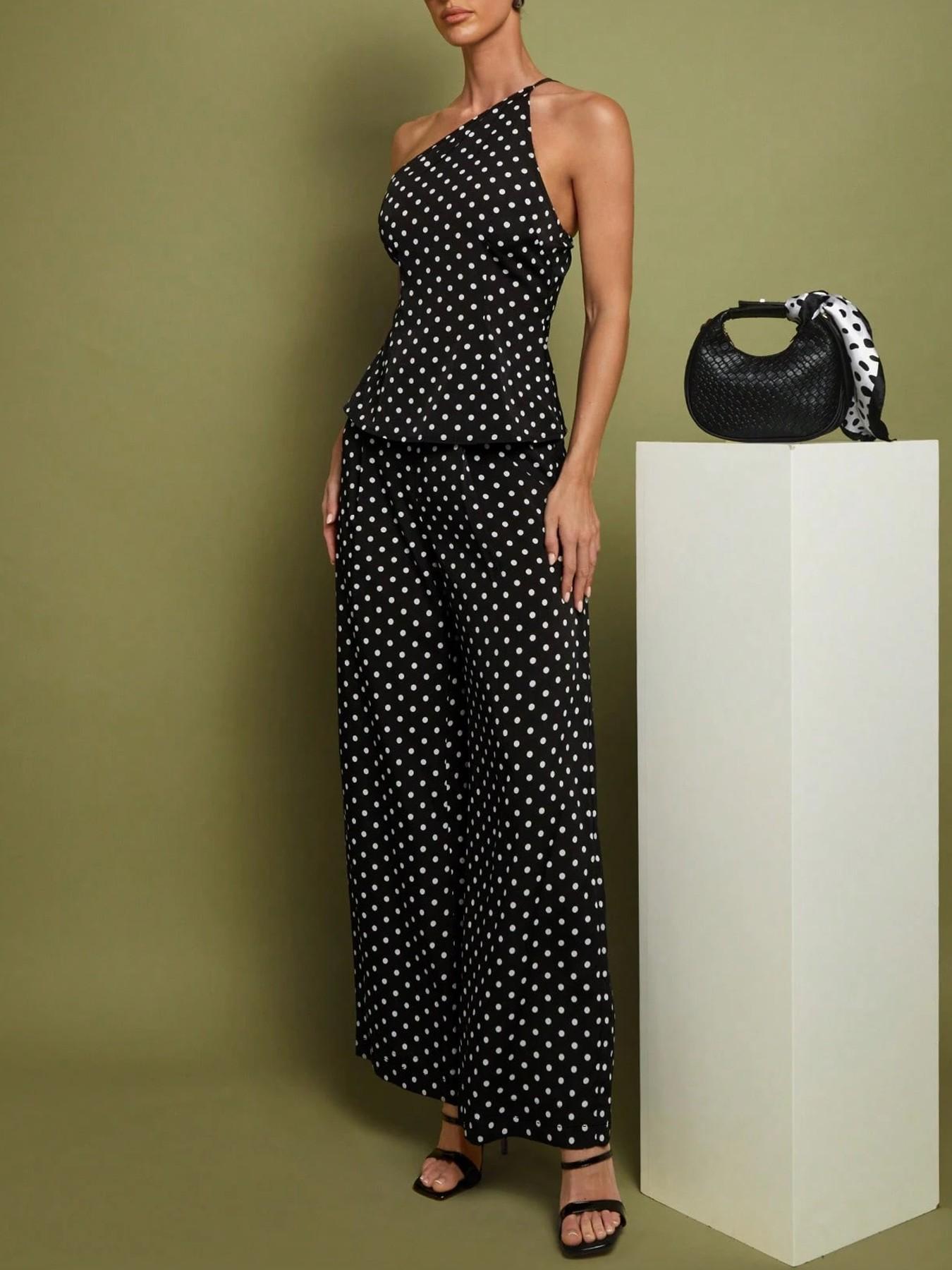 This Polka Dot Set is Effortless Retro Chic ✨ | One Shoulder Top & Wide Leg Pants Co-ord