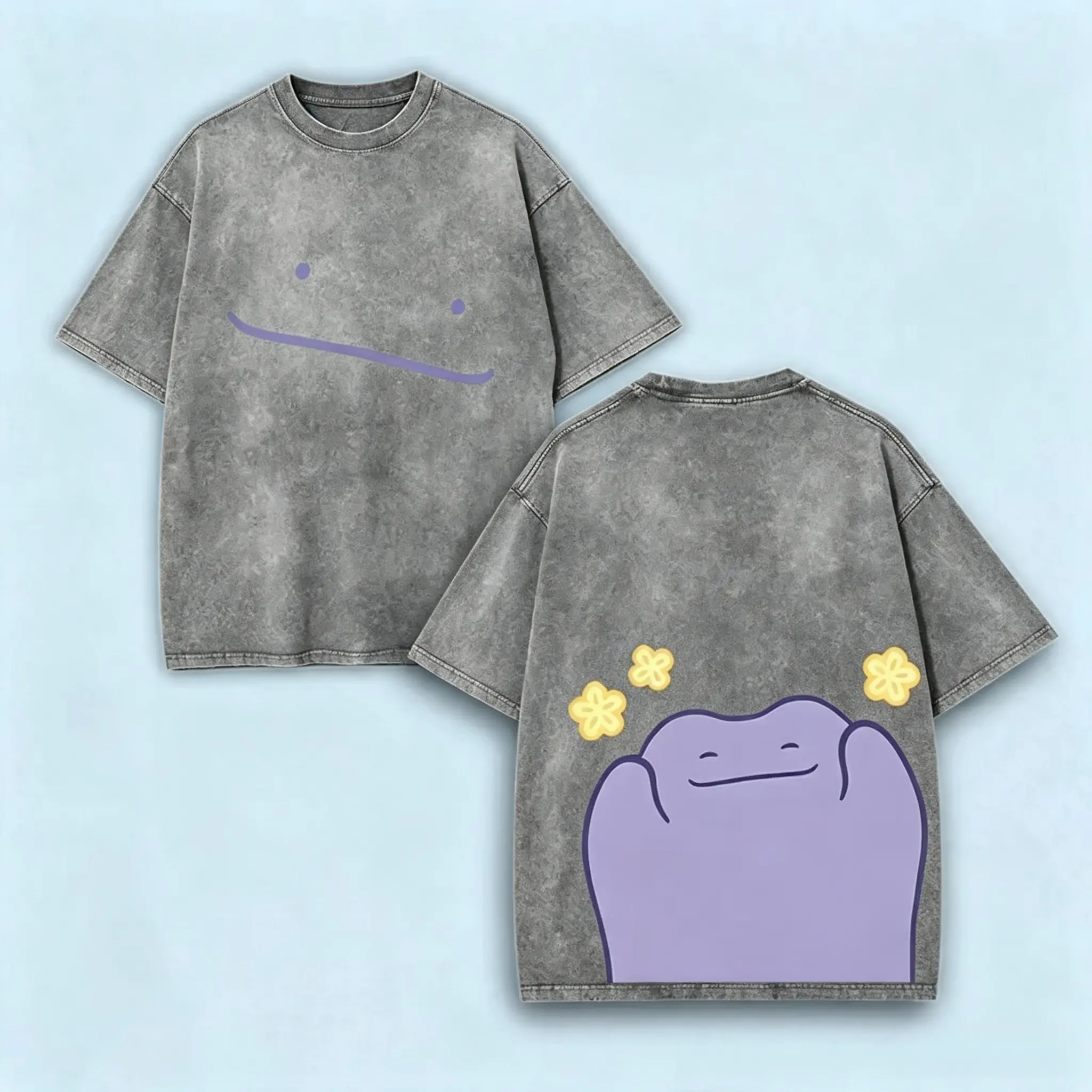 Women's Ditto-Inspired Cute Blob Washed Graphic T-Shirt, Cold Wash Kawaii Minimal Vintage Oversized Unisex Crewneck, 2000s Aesthetic Streetwear Summer Daily Top, Cold Wash Women's T-Shirts