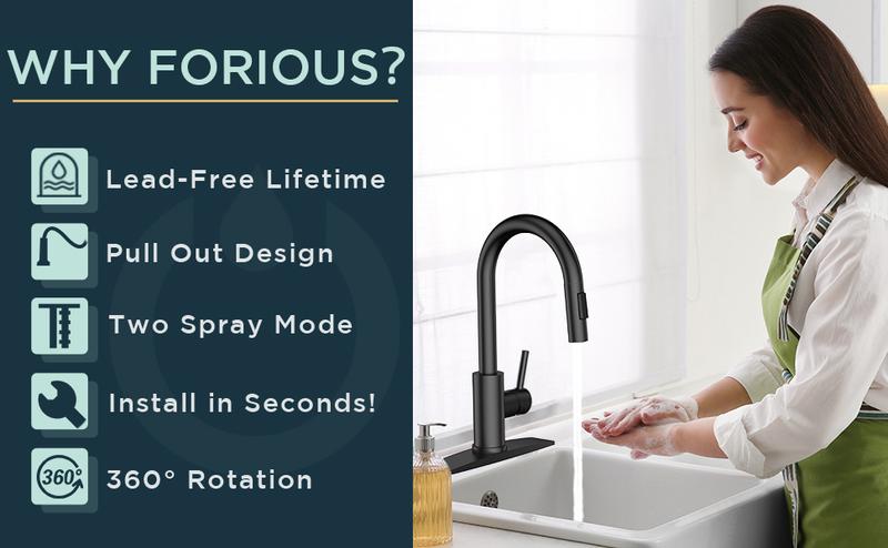FORIOUS Kitchen Faucet with Pull Down Sprayer High Arc Black Kitchen Faucet 2 Modes Single Handle Stainless Steel Sink Basin Faucet