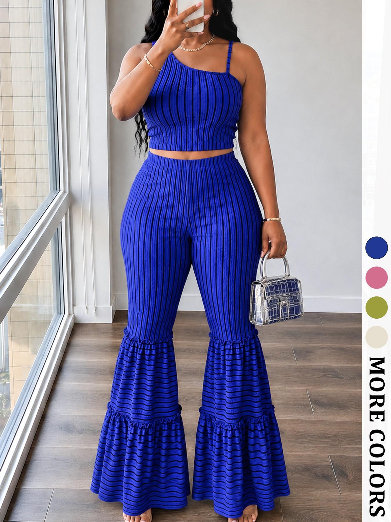 Women's Summer Striped Two-Piece Set, Lightweight Sleeveless Top and Ruffled Bell Bottom Pants, Chic Outfit for Casual Wear, Summer Vacation and Street Style