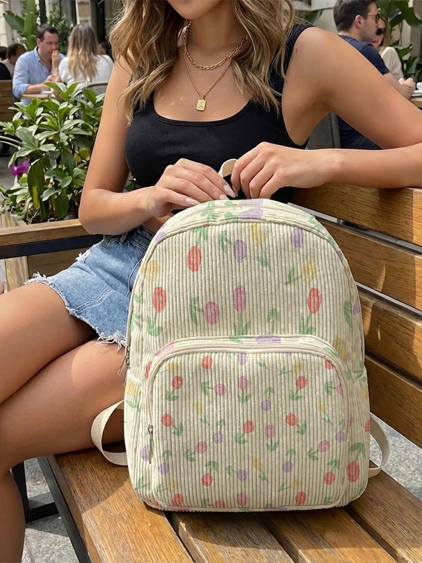 1 piece of 'Colorful Tulip Pattern' 2D printed ladies' backpack, corduroy texture + layered storage + light weight reduction | Perfect for students to go to class/shopping/short trips | Combines atmosphere with practicality