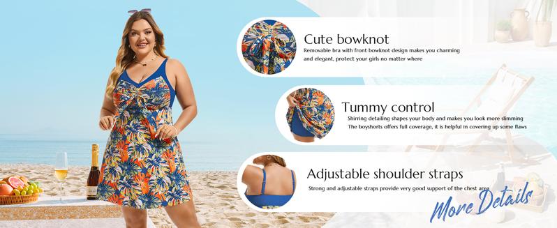 【12-28W】Hanna Nikole Women's Two Piece Swim Dress Plus Size Tummy Control Tankinis Swimdress Floral Printed Swimwear Swimsuits with Boyshort