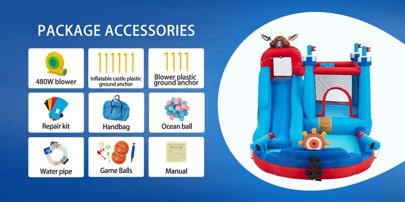 EROMMY Inflatable Trampoline Bounce House, Bounce House with Water Slide for Kids 3-8, Water Slide Bounce House with a Mermaid Shape, Volleyball Match, Trampoline, Water Gun Competition, Storage Bag, 480W Blower for Outdoor Backyard