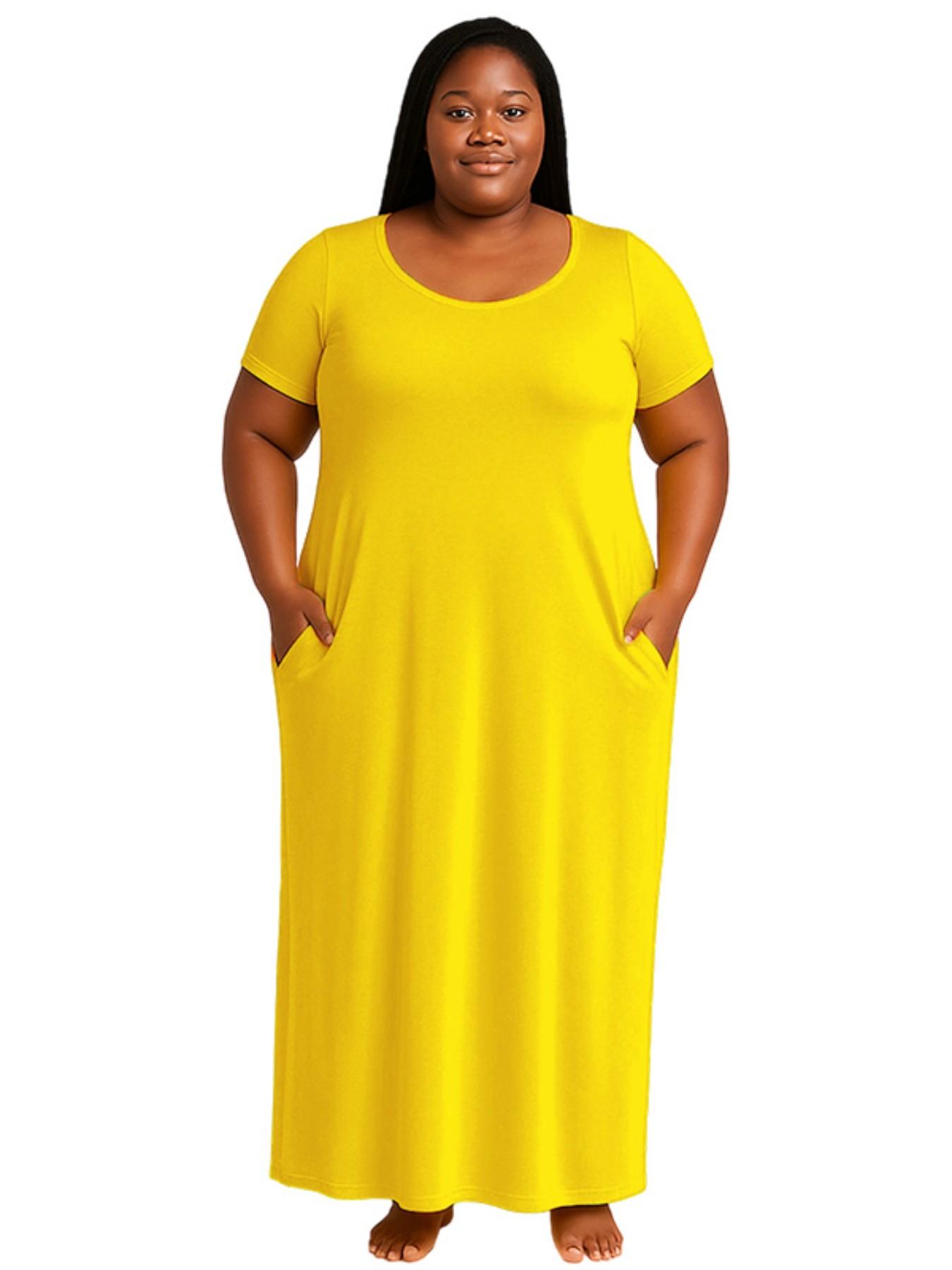 Plus Size Women's Solid Color Dress, Sexy Round Neck Short-Sleeved Long Dress, European and American Summer New Arrival, Casual Style