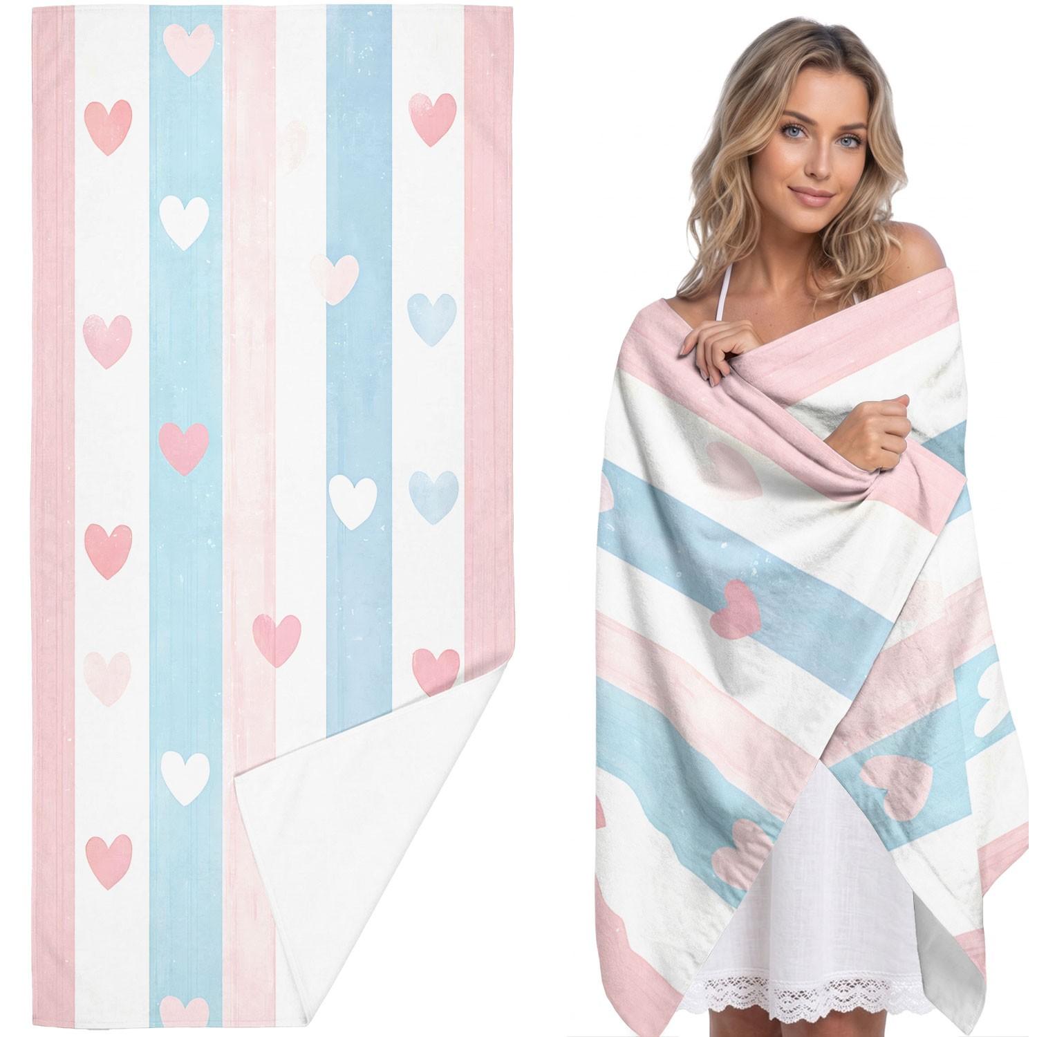 1pc Blue Striped Heart Print Beach Towel, Quick-Dry Sand-Free Ultra-Fine Fiber Bath Towel, Cute Heart Pattern Absorbent Towel