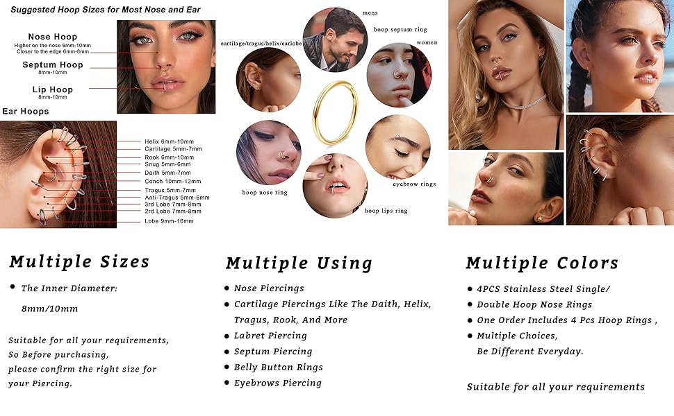 4PCS 18G Nose Rings Hoops, Steel Earrings Tragus Septum Piercing CZ Clicker Ring, Hinged Segment Conch Lip Cartilage Double Hoops 8mm 10mm For Women Men