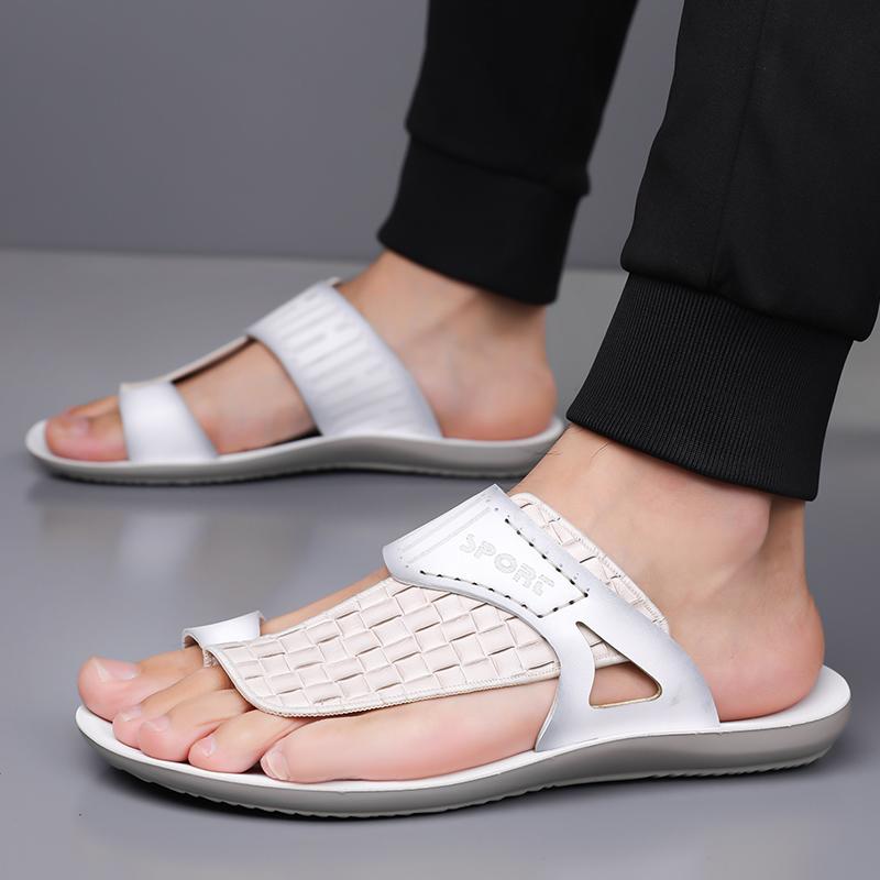 Men's Summer New Sandals, Letter Print Straw Texture, Trendy Anti-Slip Thin Sole, Casual Beach Shoes, Fashionable and Comfortable