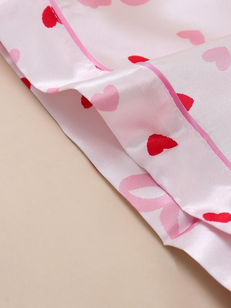 Valentine's Day Butterfly Heart Print Sleepwear Set, 2-Piece Women's Pajamas, Button Front Short Sleeve Top and Elastic Shorts