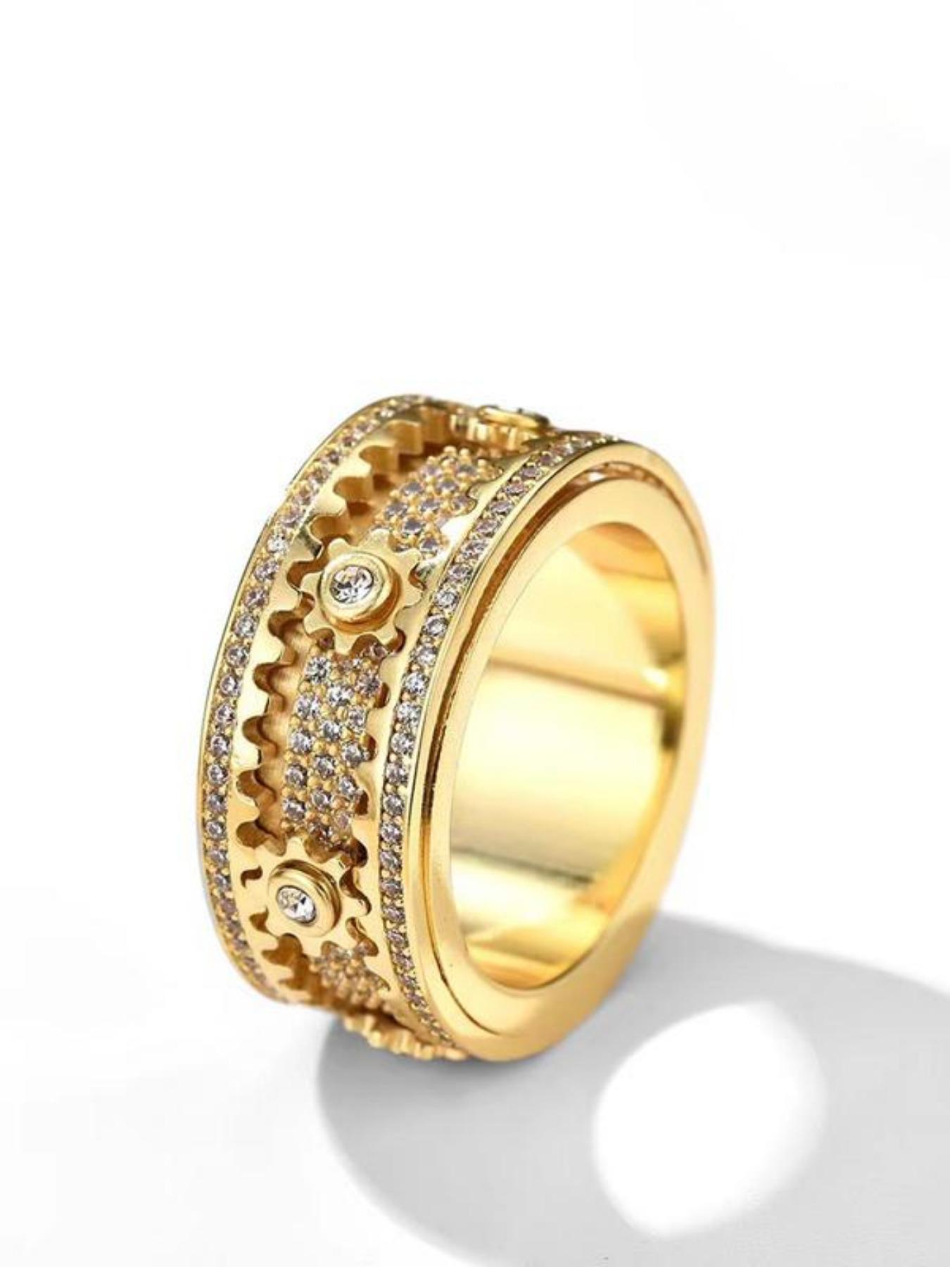 Gear Ring for Anxiety Relief, Unisex Fidget Spinner Ring, Stainless Steel, Diamond-Embedded, Perfect Gift for Friends and Family