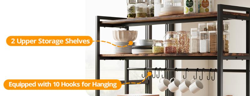 IRONCK Kitchen Island with 2 Stools, Bakers Rack with Power Outlet, Large Kitchen Island Table with Shelves, Coffee Bar Table Set for Kitchen Dining Room, 10 Hooks