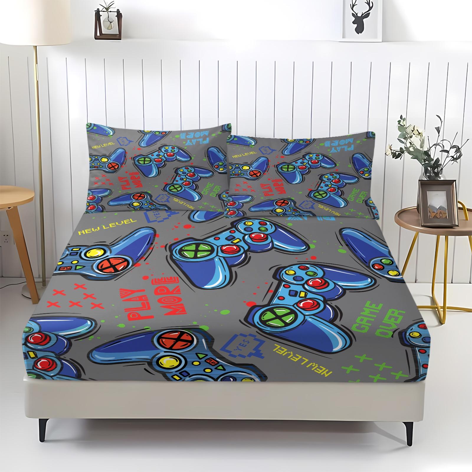 3 Piece Gamer Fitted Sheet Set, 1 Fitted Sheet + 2 Pillowcases, Cool Game Controller Bedding for Boys Teens Gamers, Gaming Room Decor for Kids Bedroom Dorm, Ideal Gift for Video Game Lovers