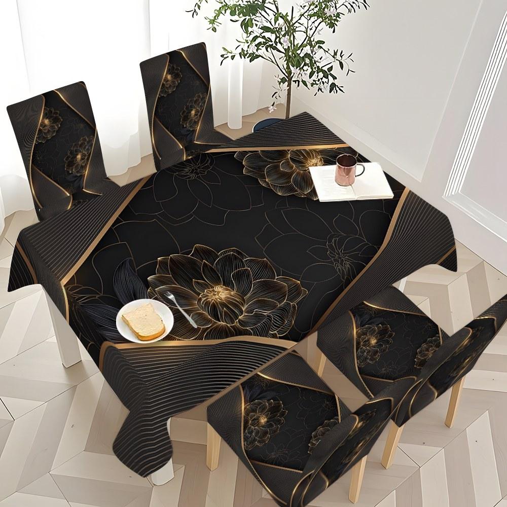 5/7-piece 2D Flat Printing Black - gold Floral Curve Splicing Printing Pattern Tablecloth and Chair Cover Set, for dining table and chair decoration, perfect for home, holiday gatherings, restaurants, and parties.