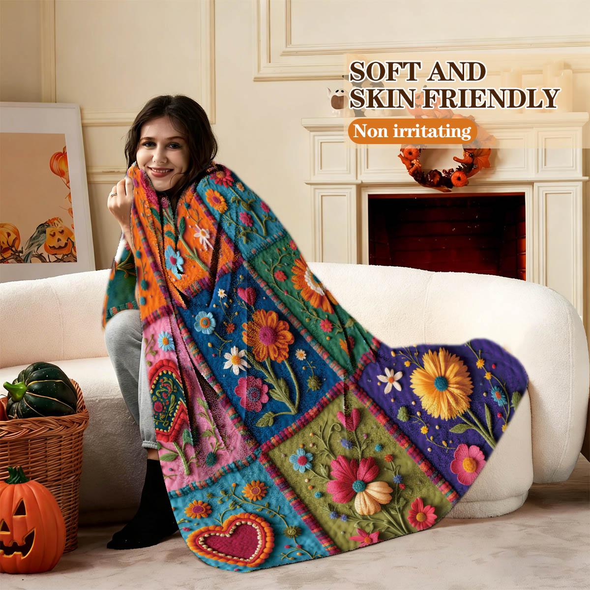 Vintage Floral Patchwork Blanket, Soft Breathable Flannel, Warm Comfortable Washable, Sofa Bedroom Bed Decor, Holiday Gift Multi-Use Throw