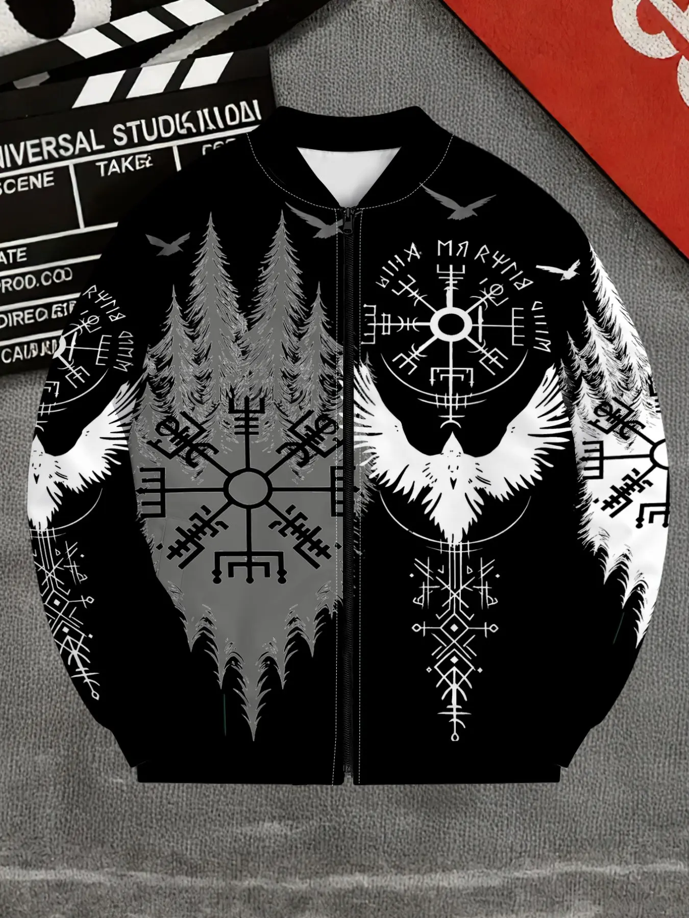 Men's Viking Compass Raven Print Stand Collar Zipper Pilot Jacket, Nordic Rune Pine Pattern Casual Outerwear, All Seasons Slim-Fit