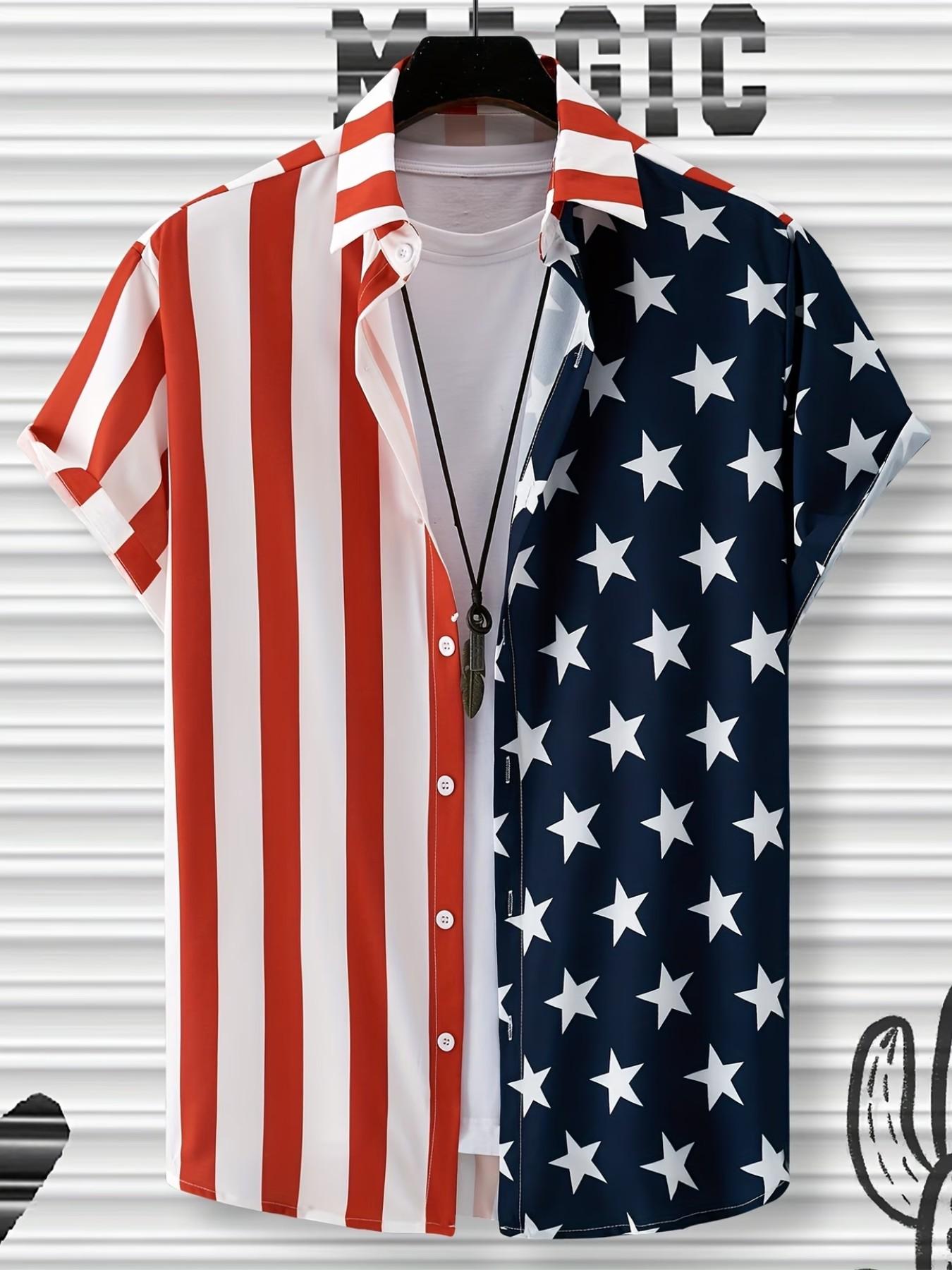 Men'S Short-Sleeve Shirt with Flag Print, Perfect for a Holiday Vibe And Casual Gatherings