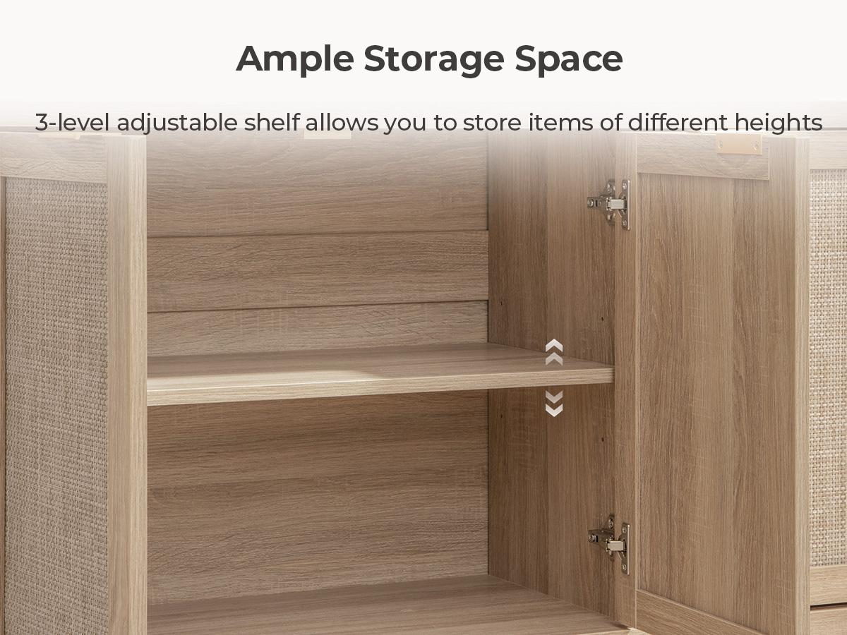 SICOTAS Rattan Sideboard Buffet Cabinet - Boho Farmhouse Credenza with 3 Doors and 2 Drawers, Storage Console Cabinet for Kitchen, Living Room, Entryway, Coffee Bar and Home Decor