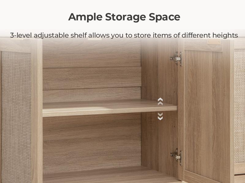 SICOTAS Rattan Sideboard Buffet Cabinet - Boho Farmhouse Credenza with 3 Doors and 2 Drawers, Storage Console Cabinet for Kitchen, Living Room, Entryway, Coffee Bar and Home Decor