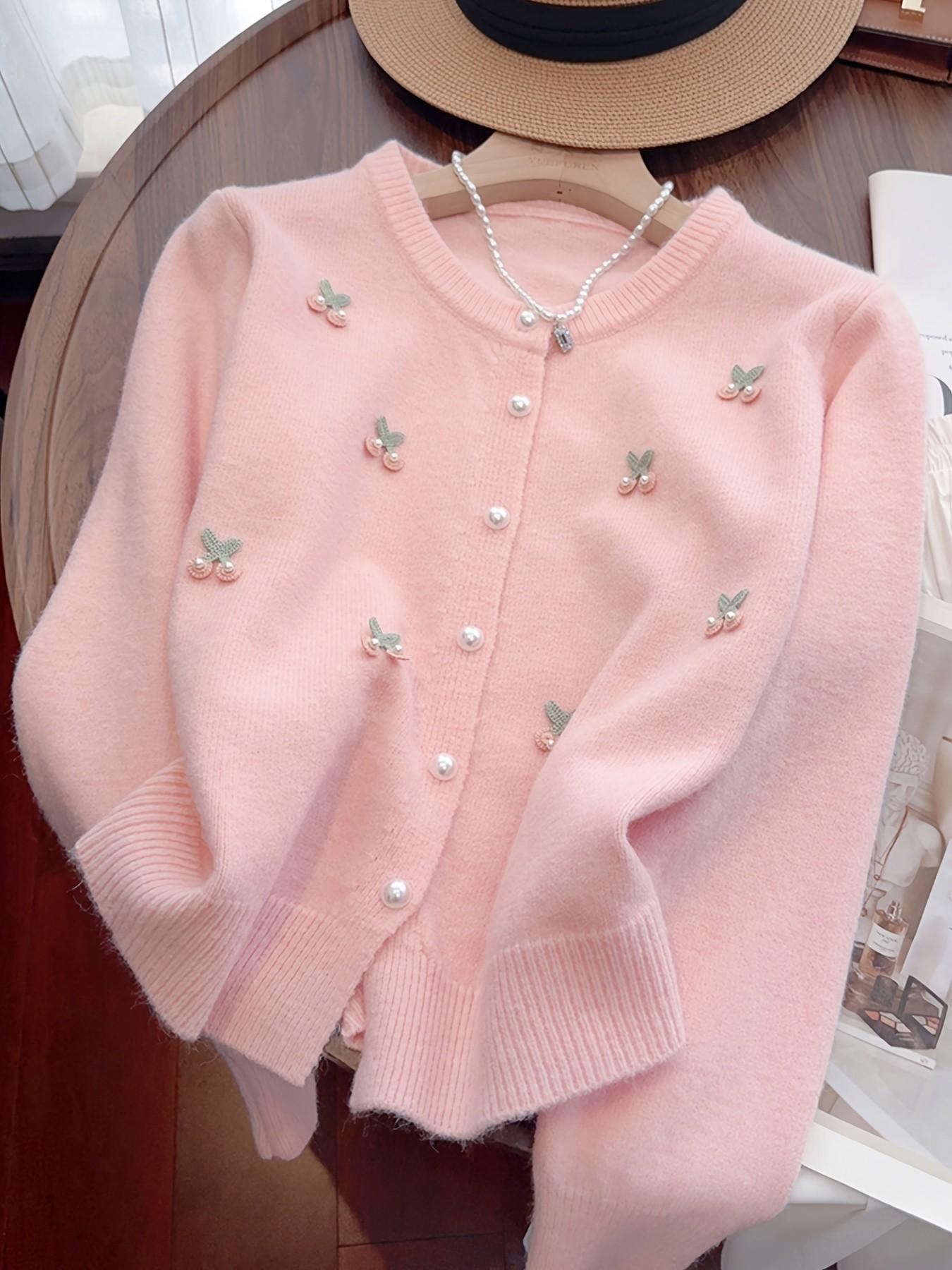 Women's Cherry Embroidered Knit Jacket, Spring & Fall Slim Fit Casual, Elegant Pearl Button Cardigan, Perfect for Dates & Outdoor Activities
