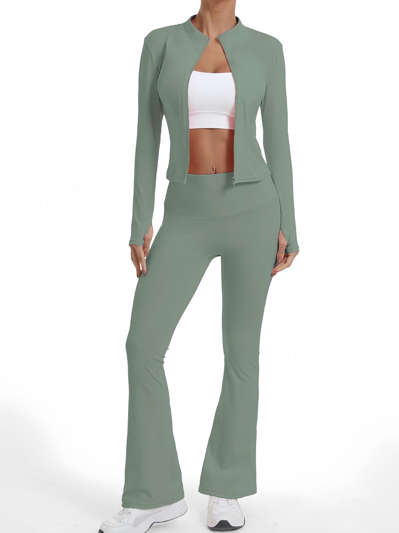 Women's High Waist Yoga Set, Stand Collar Full Zip Jacket & Wide Leg Pants, Soft Comfortable Gym Training Running Cycling Hiking Golf Tennis Yoga Bottoms